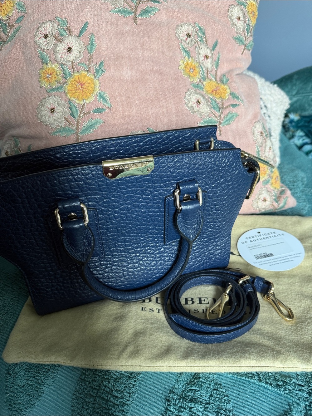Burberry Navy Textured Leather Mini Satchel with Gold Hardware